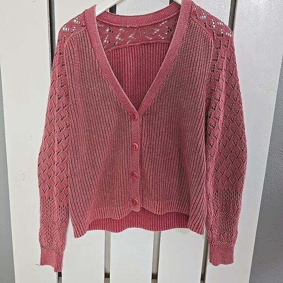 Sundance Open Knit Crop Cardigan Sweater Muted Red Medium Cottage Boho Preppy - Picture 1 of 6